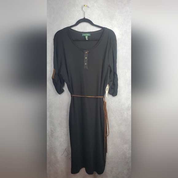 LAUREN RALPH LAUREN BLACK COTTON DRESS WITH SOFT TAN LEATHER BELT SIZE 2X - Picture 1 of 9